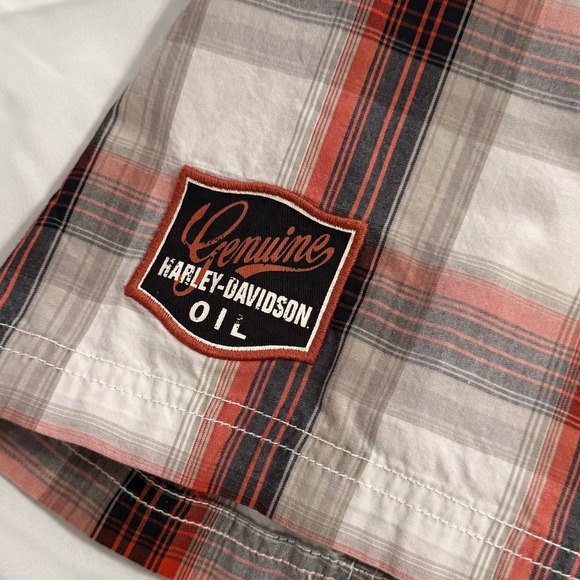 Harley-Davidson Mens Plaid Short Sleeve Button Up Shirt Orange Black White Large - Picture 6 of 10